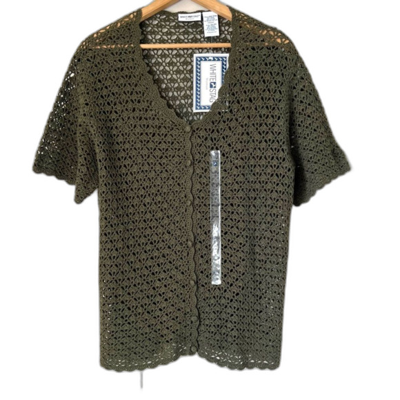 Vintage White Stag Olive Green Crocheted Boho Ramie Blend Sweater - Picture 1 of 15